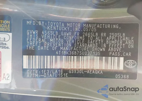 2005 Toyota Avalon Xls z USA, uszkodzony, nr VIN 4T1BK36B75U037135